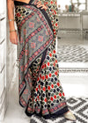 Grey And Black Ajrakh Satin Crepe Saree