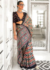 Grey And Black Ajrakh Satin Crepe Saree