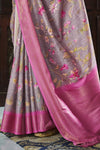 Grey And Pink Banarasi Soft Silk Saree With Floral Prints