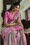 Grey And Pink Banarasi Soft Silk Saree With Floral Prints