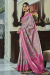 Grey And Pink Banarasi Soft Silk Saree With Floral Prints