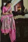 Grey And Pink Banarasi Soft Silk Saree With Floral Prints