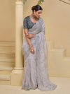 Grey Banarasi Soft Shine Silk Saree With Grand Embroidery