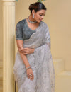 Grey Banarasi Soft Shine Silk Saree With Grand Embroidery