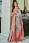 Grey Banarasi Soft Silk Saree With Floral Prints