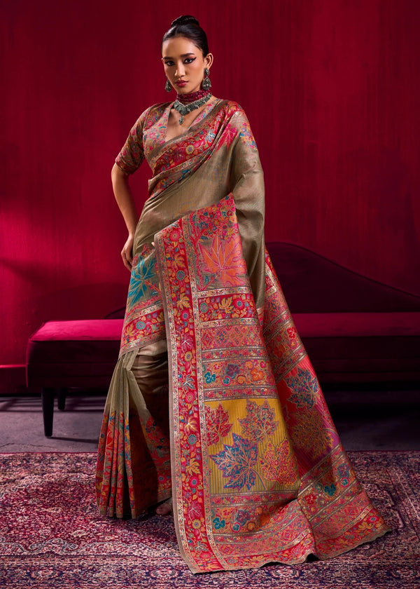 Grey Beige Kashmiri Pashmina Silk Saree