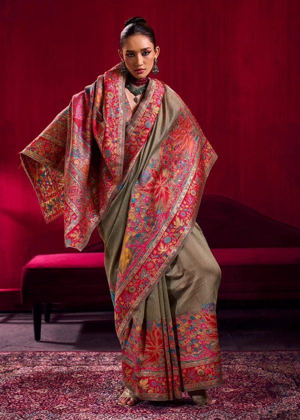 Grey Beige Kashmiri Pashmina Silk Saree