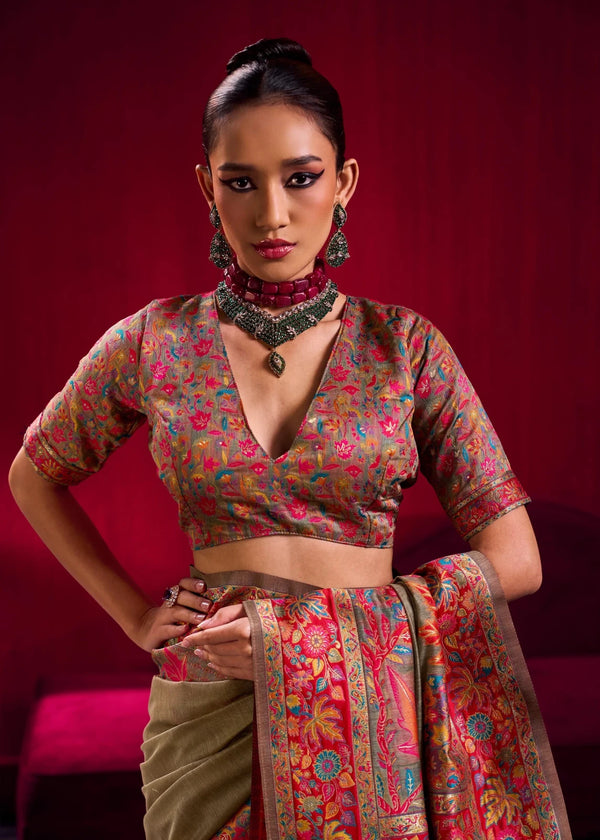 Grey Beige Kashmiri Pashmina Silk Saree