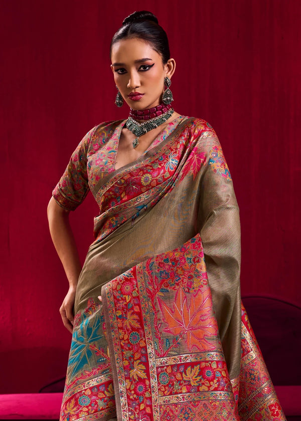 Grey Beige Kashmiri Pashmina Silk Saree