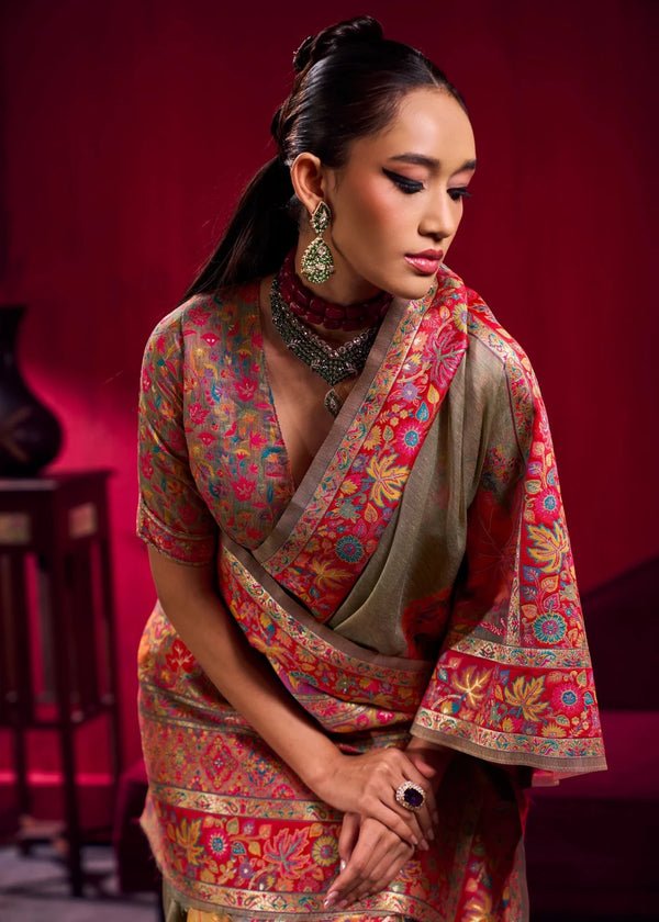 Grey Beige Kashmiri Pashmina Silk Saree