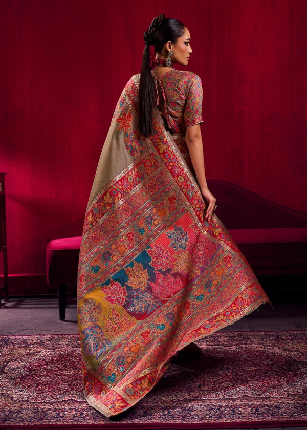 Grey Beige Kashmiri Pashmina Silk Saree