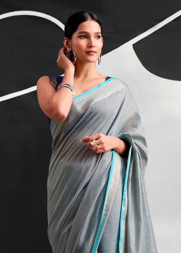 Grey Blue Woven Designer Linen Cotton Saree