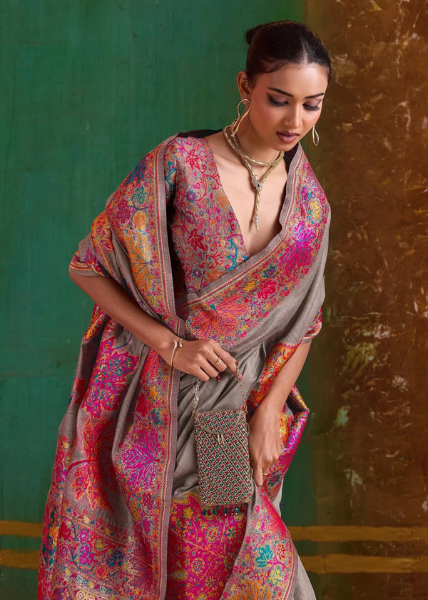 Grey Kashmiri Kani Jamawar Cotton Saree