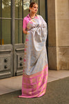 Grey Khadi South Silk Saree With Temple Border