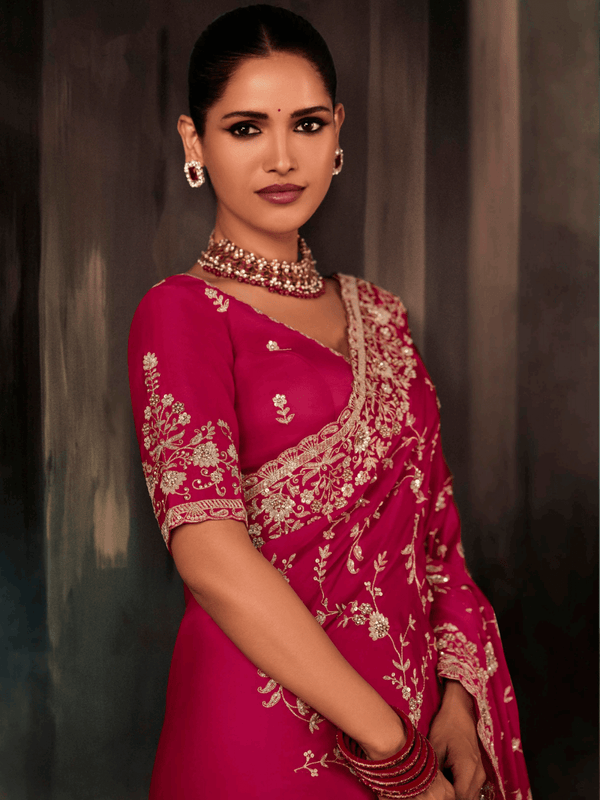 Hot Pink Georgette Silk Saree