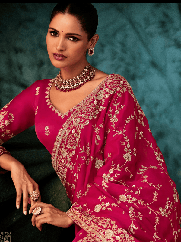 Hot Pink Georgette Silk Saree