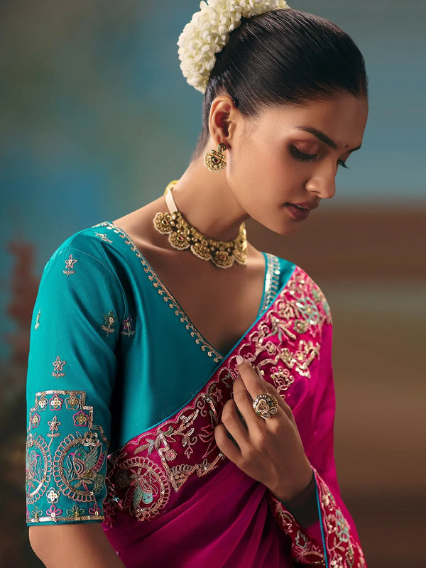 Hot Pink Georgette Silk Saree with Teal Contrast Blouse