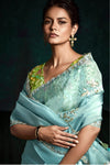 Ice Blue Designer Organza Saree with Embroidery Border