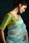 Ice Blue Designer Organza Saree with Embroidery Border