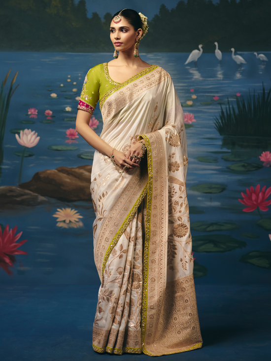 Ivory Banarasi Dola Silk Saree With Contrast Blouse