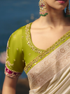 Ivory Banarasi Dola Silk Saree, contrast blouse close-up