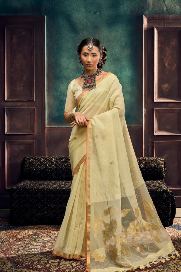 Ivory Cream Banarasi Cotton Silk Saree