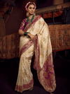Ivory Cream Banarasi Dola Silk Saree With Contrast Blouse