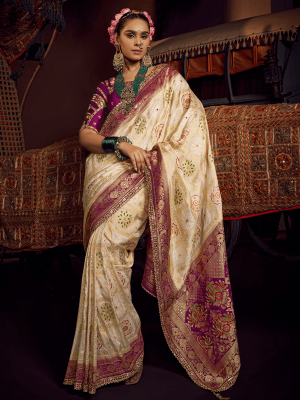 Ivory Cream Banarasi Dola Silk Saree With Contrast Blouse