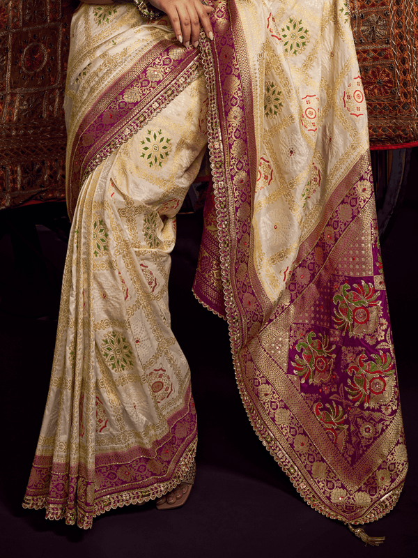 Ivory Cream Banarasi Dola Silk Saree With Contrast Blouse