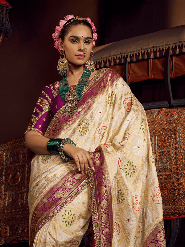 Ivory Cream Banarasi Dola Silk Saree With Contrast Blouse