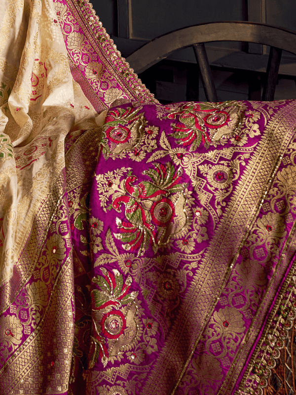 Ivory Cream Banarasi Dola Silk Saree With Contrast Blouse