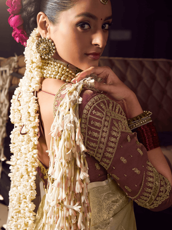 Ivory Cream Banarasi Satin Silk Saree With Contrast Blouse