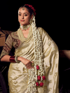 Ivory Cream Banarasi Satin Silk Saree With Contrast Blouse