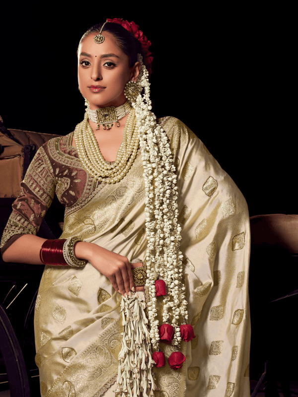 Ivory Cream Banarasi Satin Silk Saree With Contrast Blouse