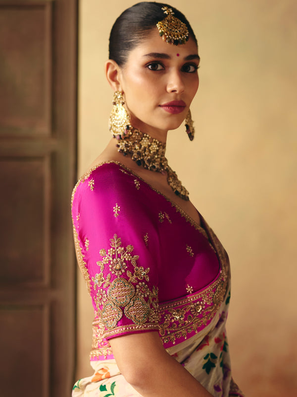 Ivory Cream Bandhani Banarasi Georgette Saree, pallu and blouse