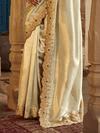 Ivory Cream Embroidered Designer Tissue Silk Saree