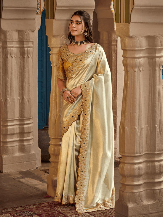 Ivory Cream Embroidered Designer Tissue Silk Saree