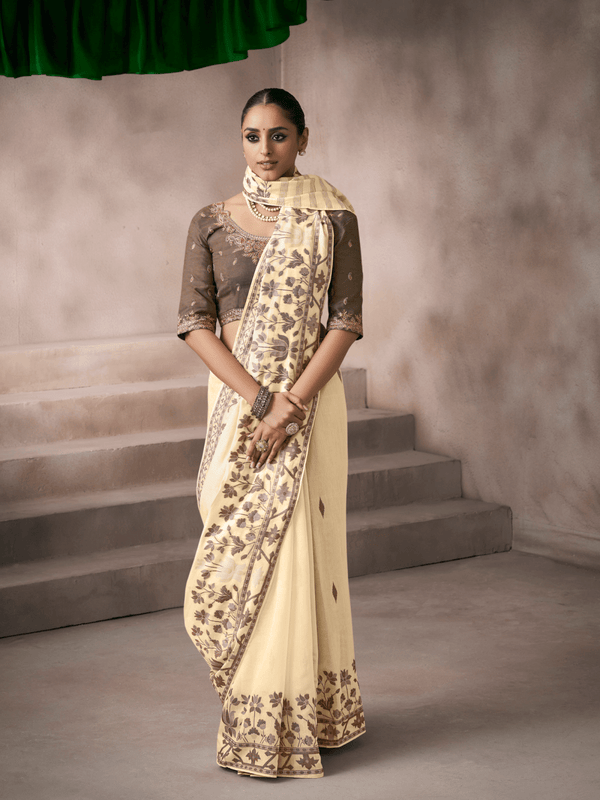 Ivory Cream Jamdani Cotton Silk Saree With Contrast Blouse