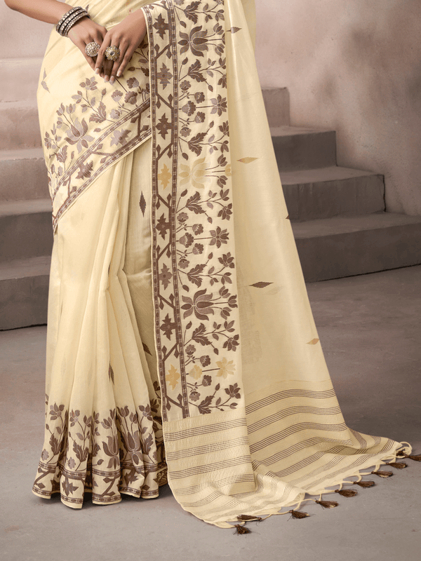 Ivory Cream Jamdani Cotton Silk Saree With Contrast Blouse