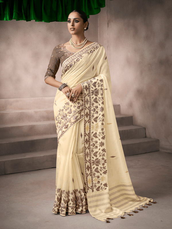 Ivory Cream Jamdani Cotton Silk Saree With Contrast Blouse