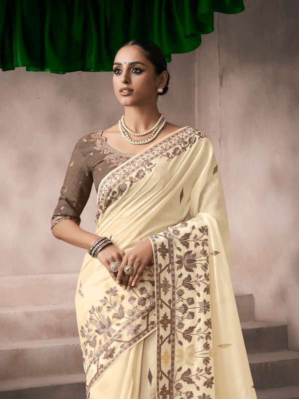 Ivory Cream Jamdani Cotton Silk Saree With Contrast Blouse