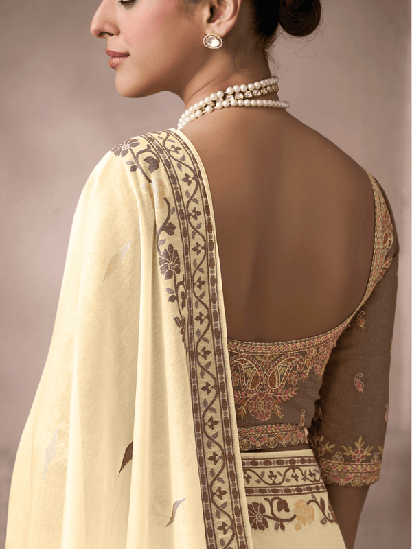Ivory Cream Jamdani Cotton Silk Saree With Contrast Blouse