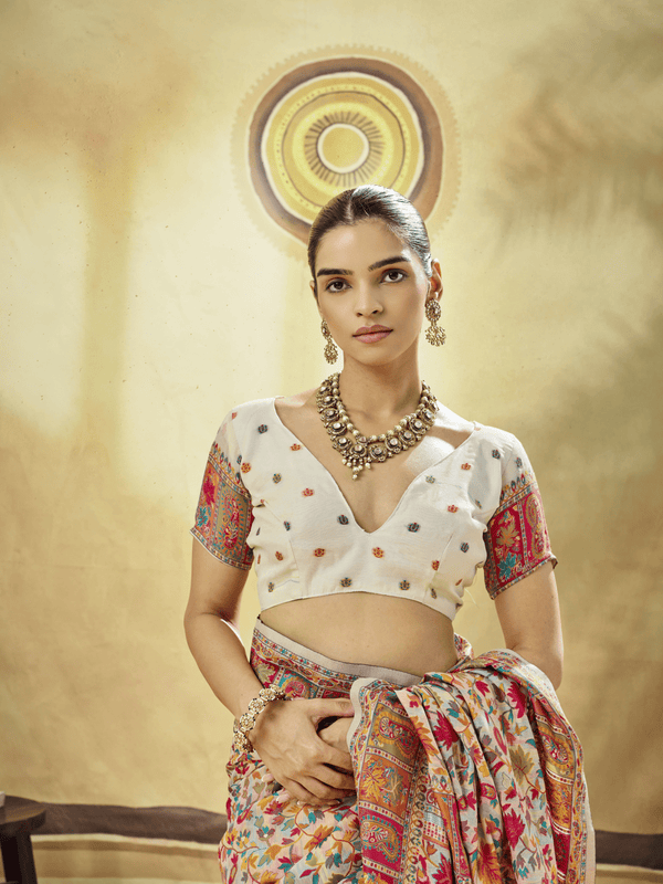 Ivory Cream Kashmiri Kani Handloom Cotton Silk Saree