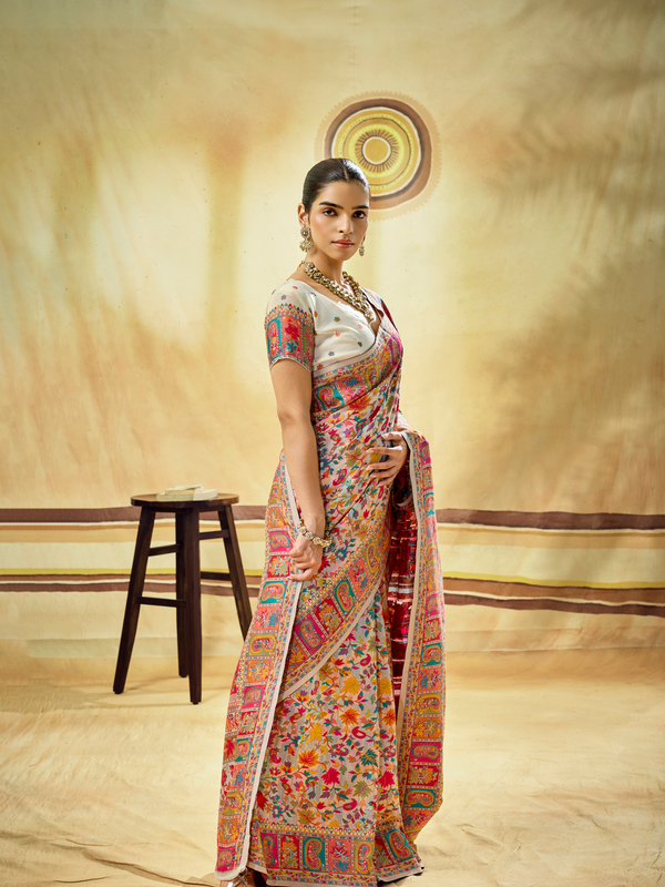 Ivory Cream Kashmiri Kani Handloom Cotton Silk Saree