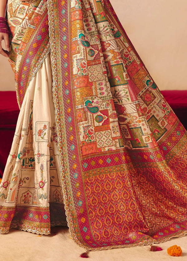 Ivory Cream Multicolor Pichwai Designer Dola Silk Saree