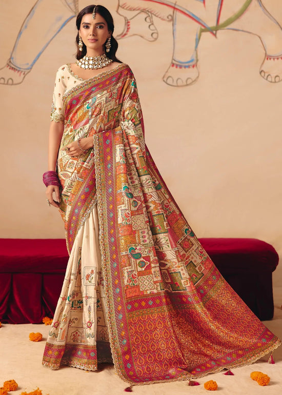 Ivory Cream Multicolor Pichwai Designer Dola Silk Saree