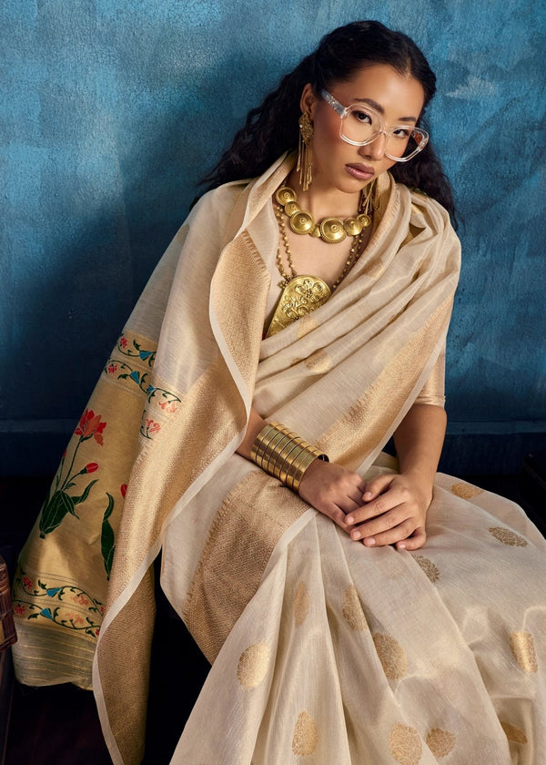 Ivory Cream Paithani Tissue Silk Saree