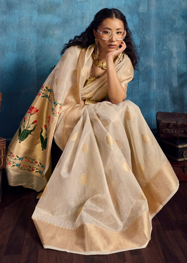 Ivory Cream Paithani Tissue Silk Saree