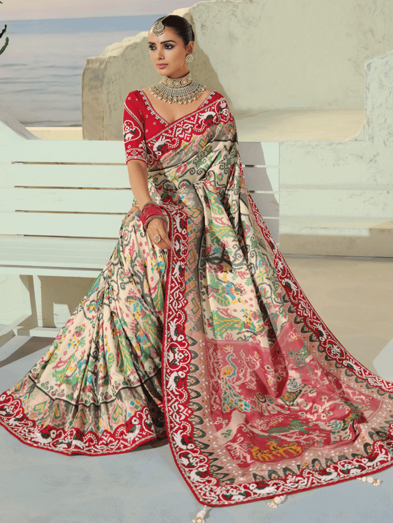 Ivory Cream Patola Silk Saree With Contrast Blouse