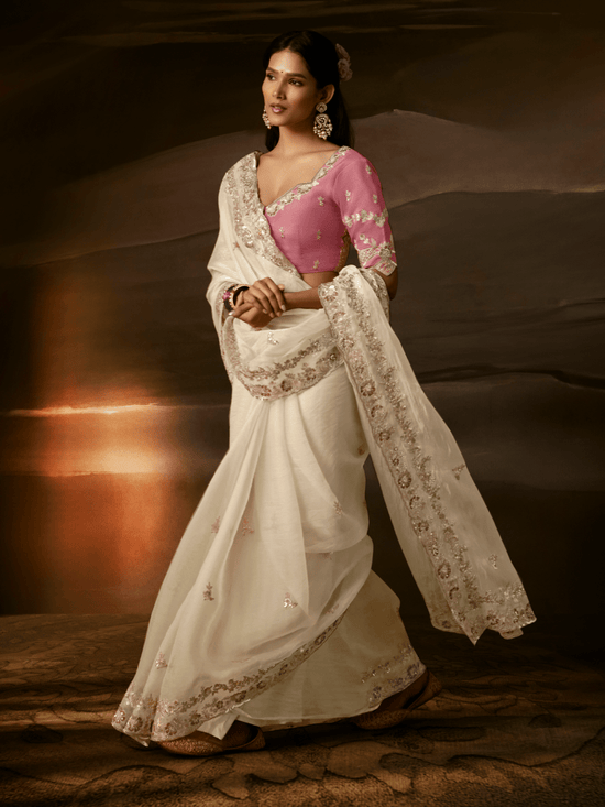 Ivory Embroidered Designer Organza Silk Saree
